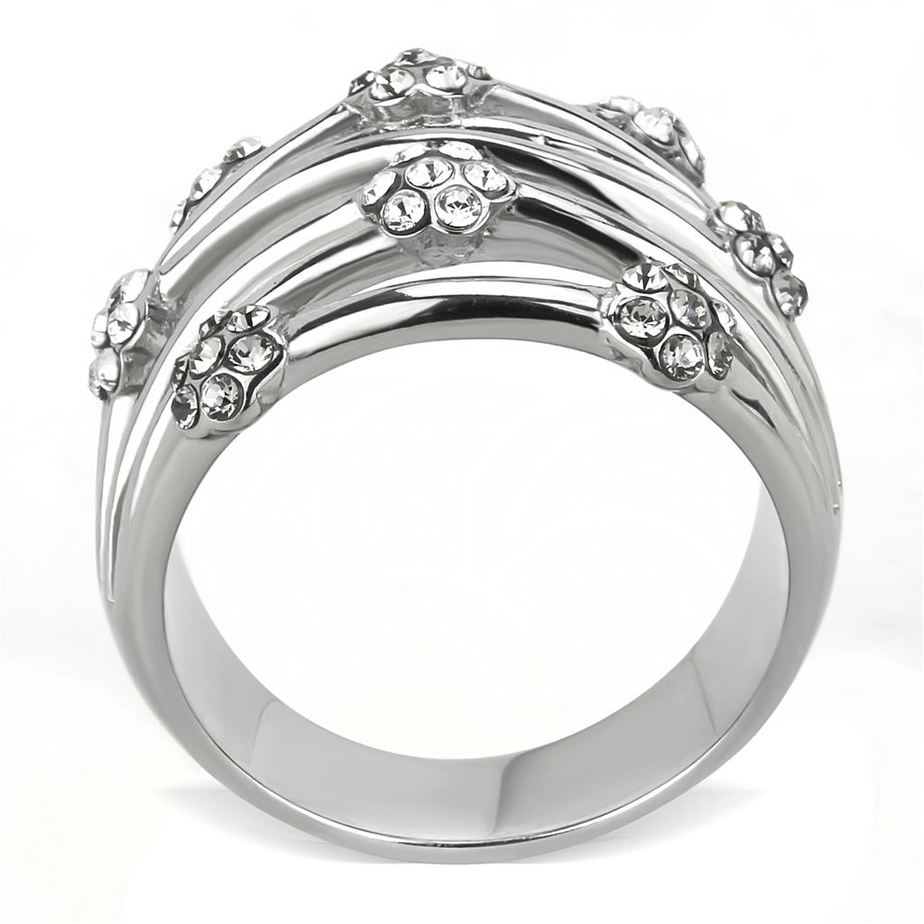 TK1372 High Polished Stainless Steel Ring featuring a clear top grade crystal, showcasing a sleek and modern design.