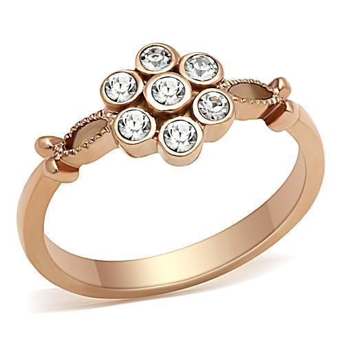 TK1378 IP Rose Gold Stainless Steel Ring featuring a clear top-grade crystal centerpiece, showcasing elegance and durability.