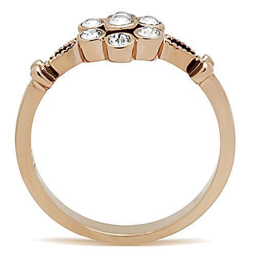 TK1378 IP Rose Gold Stainless Steel Ring featuring a clear top-grade crystal centerpiece, showcasing elegance and durability.