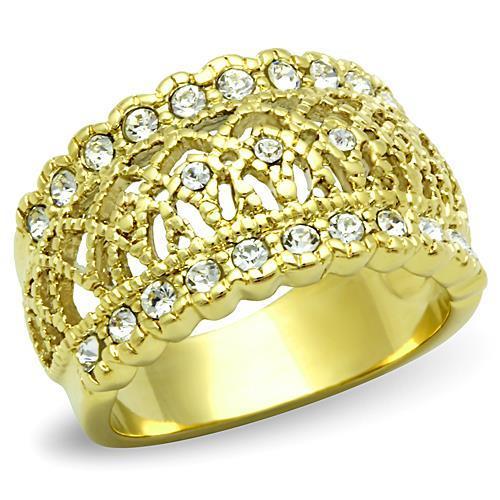 TK1393 IP Gold Stainless Steel Ring featuring a clear top-grade crystal centerpiece, showcasing its elegant design and luxurious finish.