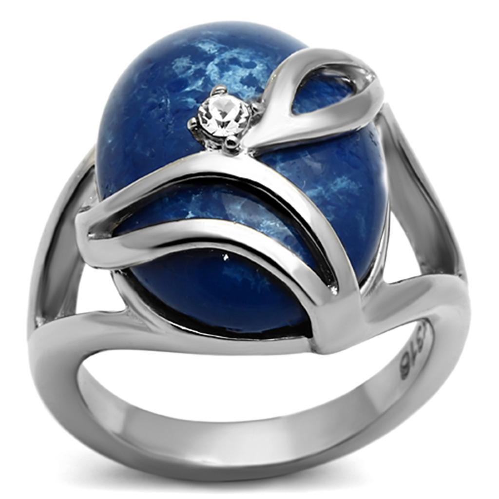 TK1144 High Polished Stainless Steel Ring featuring a Capri Blue synthetic stone, showcasing its elegant design and shiny finish.