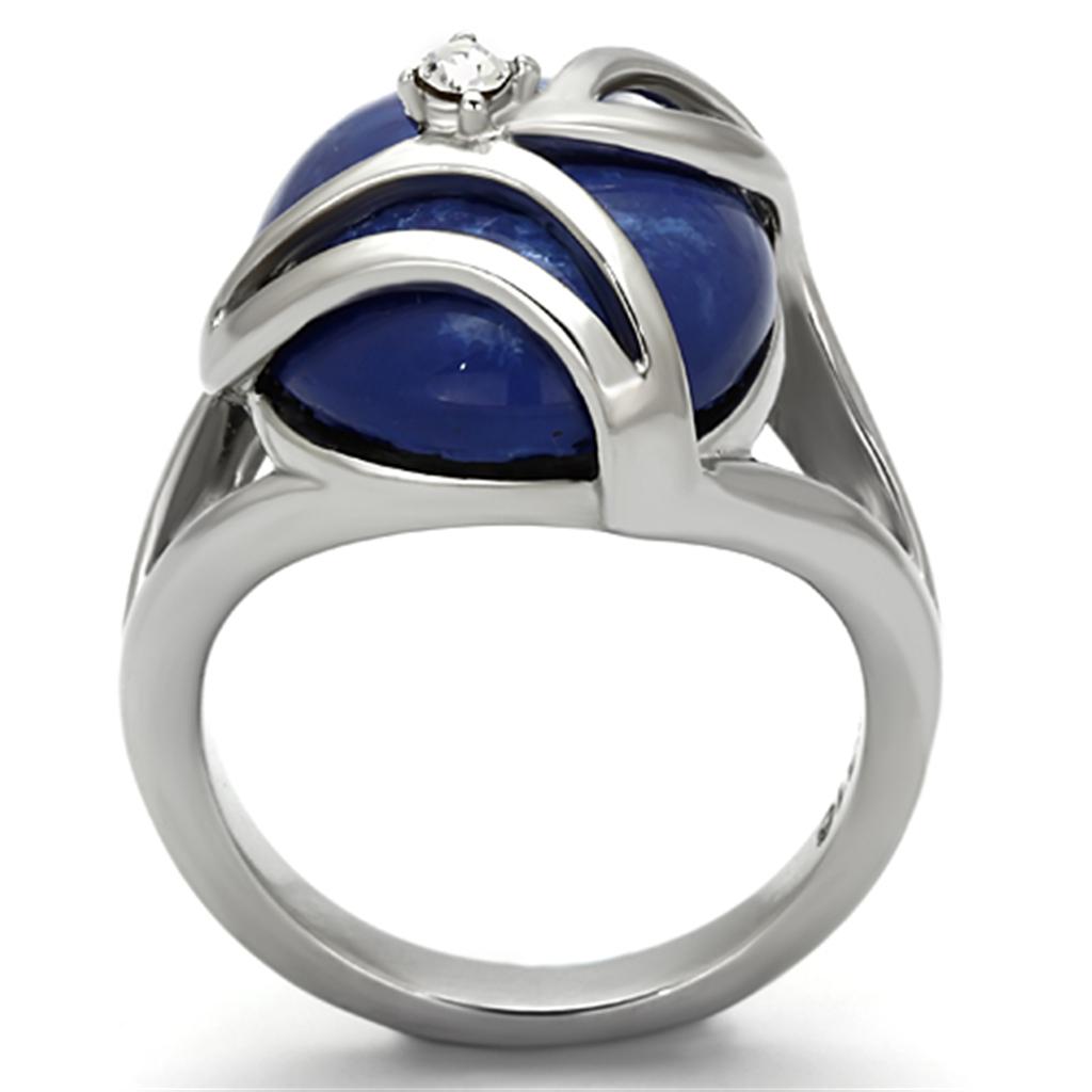 TK1144 High Polished Stainless Steel Ring featuring a Capri Blue synthetic stone, showcasing its elegant design and shiny finish.