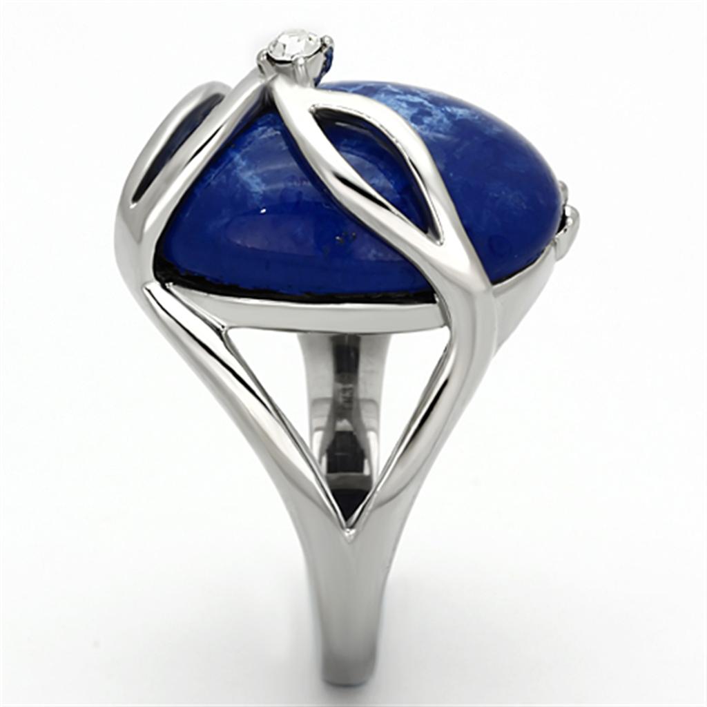 TK1144 High Polished Stainless Steel Ring featuring a Capri Blue synthetic stone, showcasing its elegant design and shiny finish.