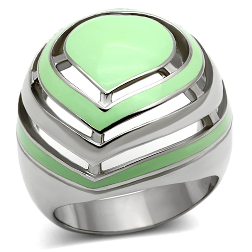 TK1140 High Polished Stainless Steel Ring featuring an emerald epoxy center stone, showcasing a sleek and modern design.