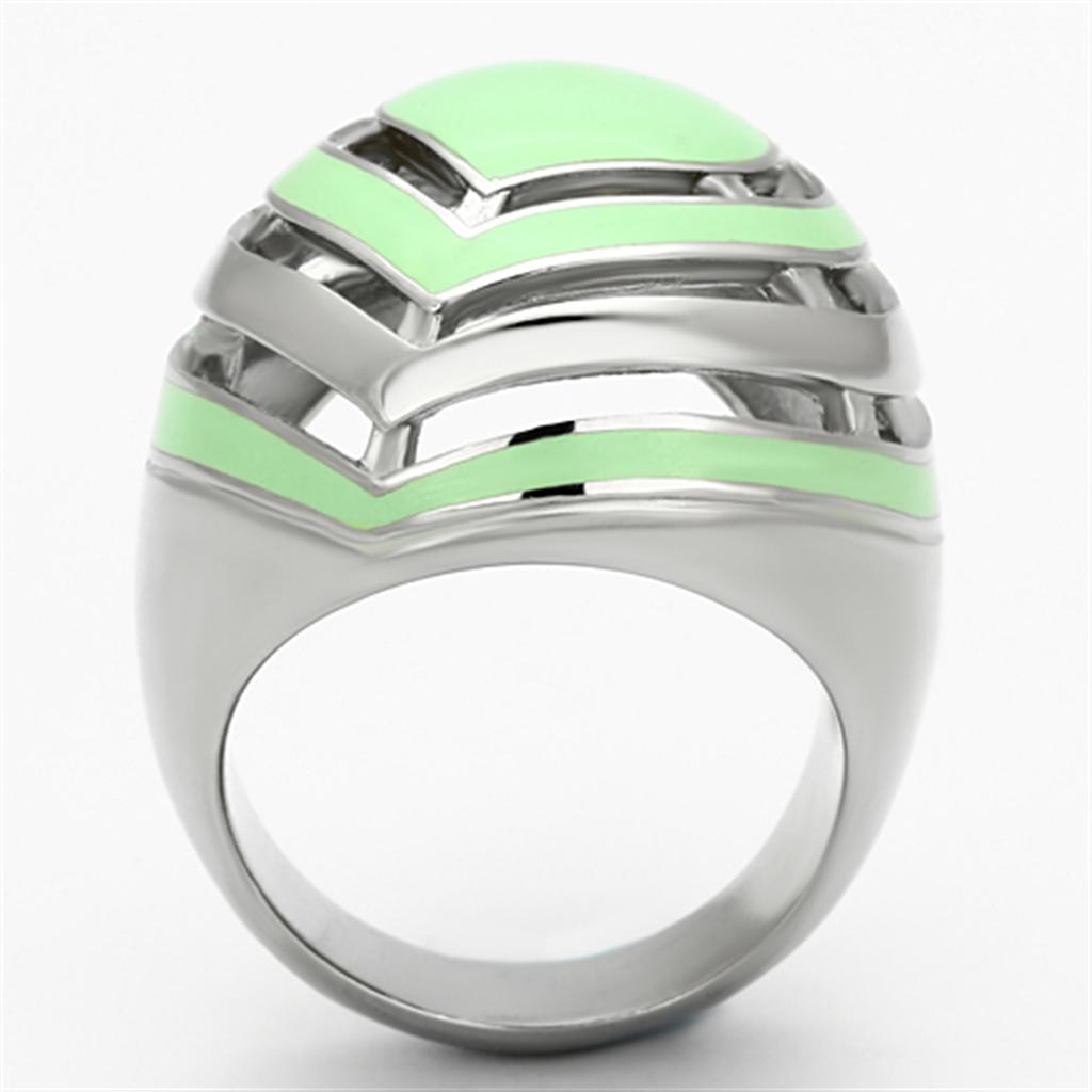 TK1140 High Polished Stainless Steel Ring featuring an emerald epoxy center stone, showcasing a sleek and modern design.