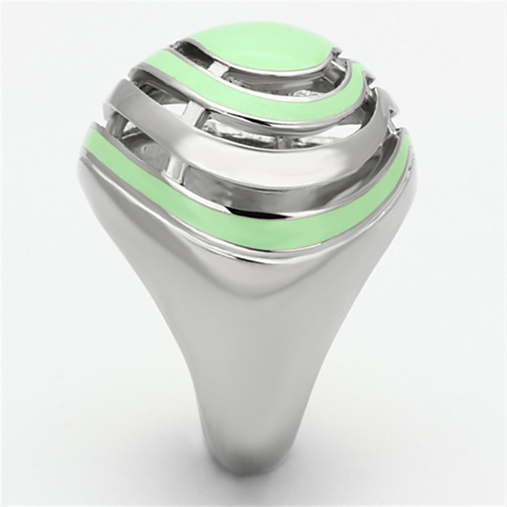 TK1140 High Polished Stainless Steel Ring featuring an emerald epoxy center stone, showcasing a sleek and modern design.