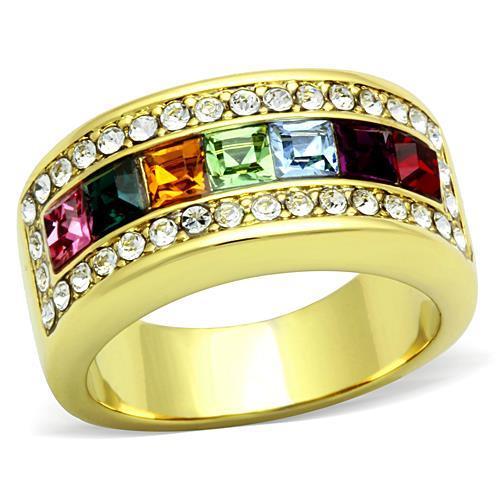 TK1402 IP Gold Stainless Steel Ring featuring a multi-color top-grade crystal, showcasing its elegant design and luxurious finish.