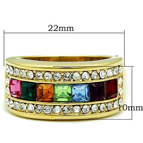 TK1402 IP Gold Stainless Steel Ring featuring a multi-color top-grade crystal, showcasing its elegant design and luxurious finish.