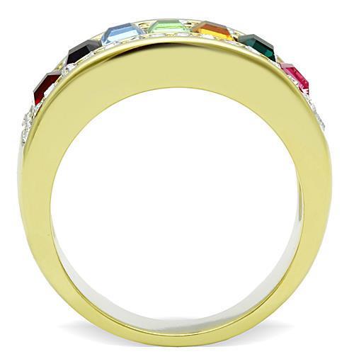 TK1402 IP Gold Stainless Steel Ring featuring a multi-color top-grade crystal, showcasing its elegant design and luxurious finish.