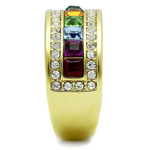 TK1402 IP Gold Stainless Steel Ring featuring a multi-color top-grade crystal, showcasing its elegant design and luxurious finish.