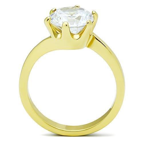 TK1406 IP Gold Stainless Steel Ring featuring a clear AAA Grade CZ stone, showcasing its elegant design and luxurious finish.