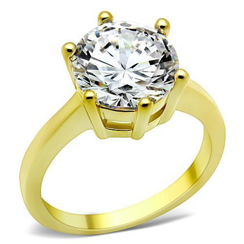 TK1407 IP Gold Stainless Steel Ring featuring a clear AAA Grade CZ stone, showcasing its elegant design and luxurious finish.