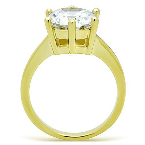 TK1407 IP Gold Stainless Steel Ring featuring a clear AAA Grade CZ stone, showcasing its elegant design and luxurious finish.