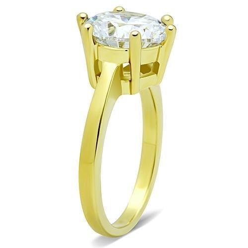 TK1407 IP Gold Stainless Steel Ring featuring a clear AAA Grade CZ stone, showcasing its elegant design and luxurious finish.