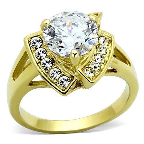 TK1412 IP Gold Stainless Steel Ring featuring a clear AAA Grade CZ stone, showcasing its elegant design and luxurious finish.