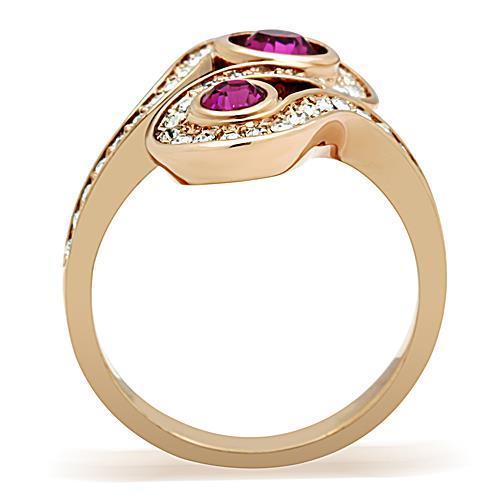 TK1413 IP Rose Gold Stainless Steel Ring featuring a top-grade fuchsia crystal centerpiece, showcasing elegance and durability.