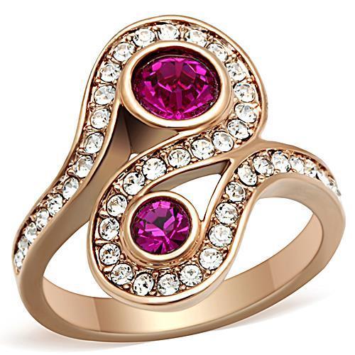 TK1413 IP Rose Gold Stainless Steel Ring featuring a top-grade fuchsia crystal centerpiece, showcasing elegance and durability.