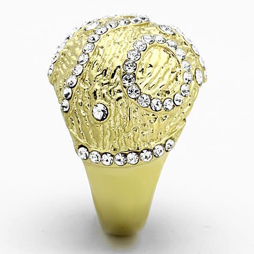 TK1419 IP Gold Stainless Steel Ring with clear top-grade crystal, showcasing its elegant design and luxurious finish.