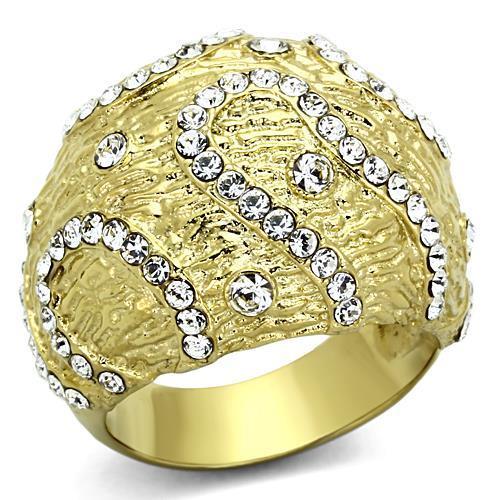 TK1419 IP Gold Stainless Steel Ring with clear top-grade crystal, showcasing its elegant design and luxurious finish.