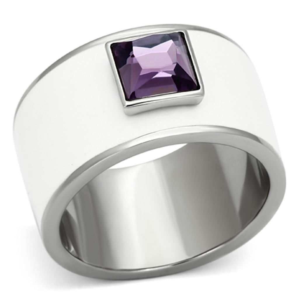 TK1142 High Polished Stainless Steel Ring featuring a synthetic amethyst stone, showcasing a sleek and shiny design.