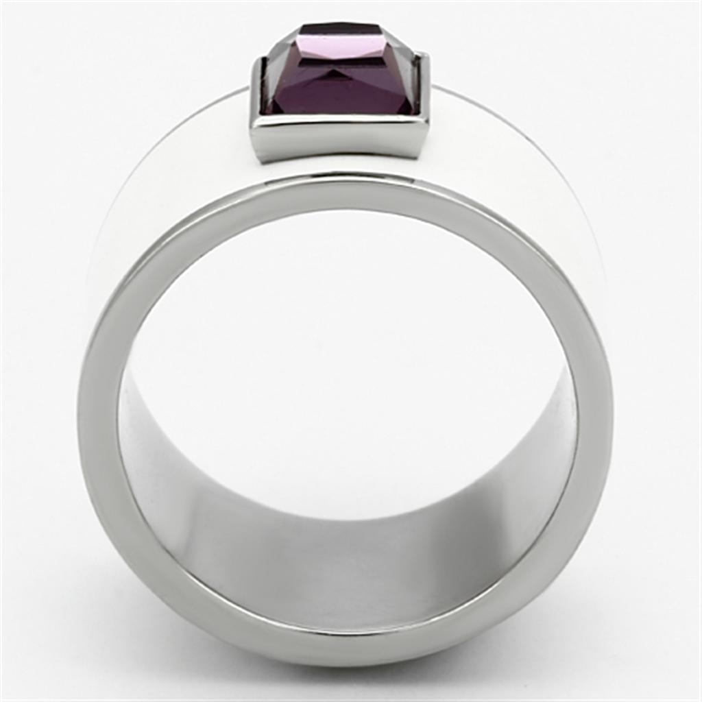 TK1142 High Polished Stainless Steel Ring featuring a synthetic amethyst stone, showcasing a sleek and shiny design.