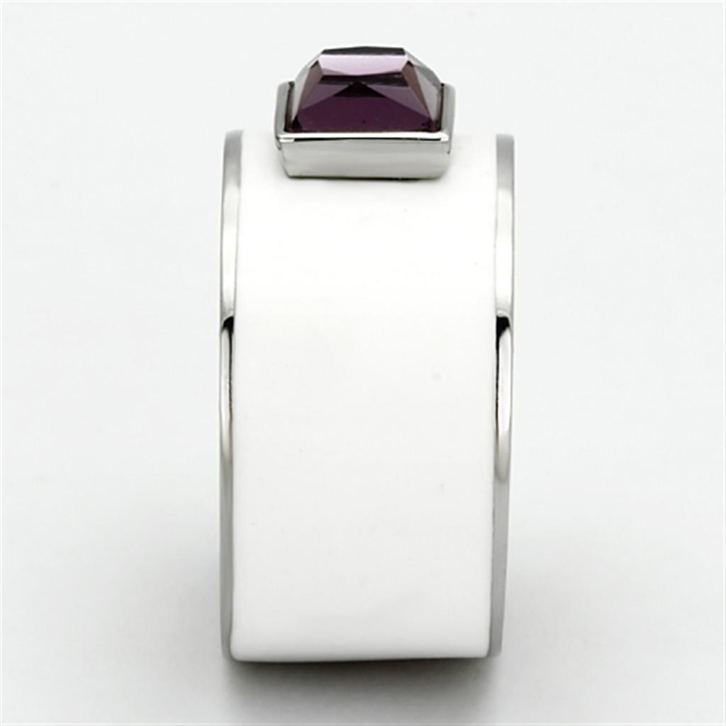 TK1142 High Polished Stainless Steel Ring featuring a synthetic amethyst stone, showcasing a sleek and shiny design.