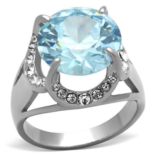 TK1423 High Polished Stainless Steel Ring featuring a sea blue AAA grade cubic zirconia center stone, showcasing its elegant design.