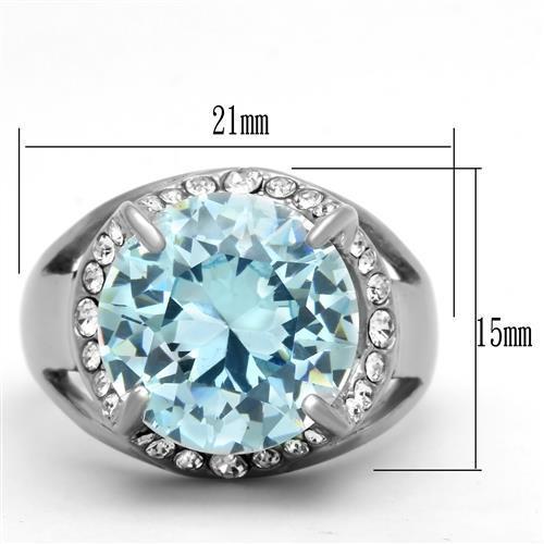 TK1423 High Polished Stainless Steel Ring featuring a sea blue AAA grade cubic zirconia center stone, showcasing its elegant design.