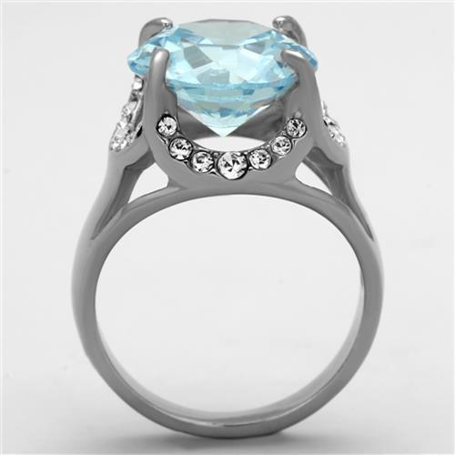 TK1423 High Polished Stainless Steel Ring featuring a sea blue AAA grade cubic zirconia center stone, showcasing its elegant design.