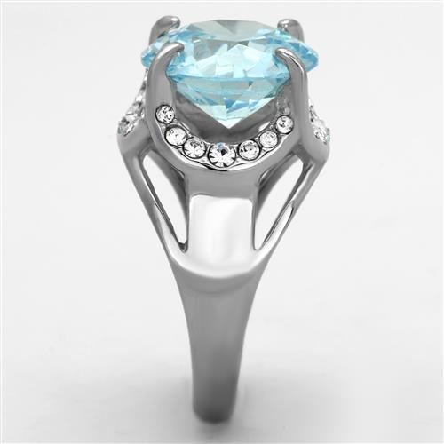 TK1423 High Polished Stainless Steel Ring featuring a sea blue AAA grade cubic zirconia center stone, showcasing its elegant design.