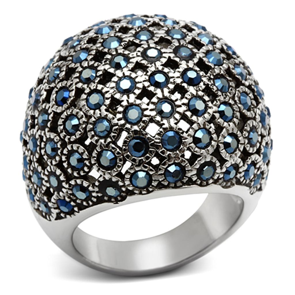 High polished stainless steel ring featuring an aquamarine AB crystal centerpiece, showcasing a sleek and modern design.