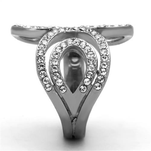 High polished stainless steel ring featuring a clear top grade crystal, showcasing a sleek and modern design.