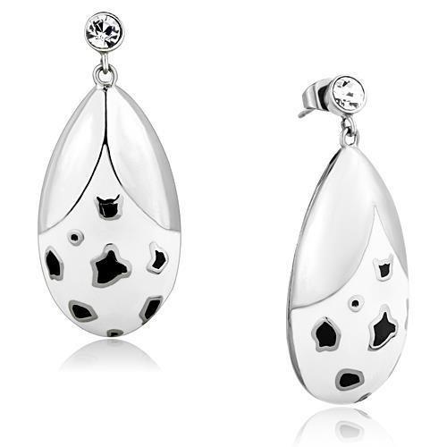 High polished stainless steel earrings featuring a clear top grade crystal centerpiece, showcasing elegance and shine.