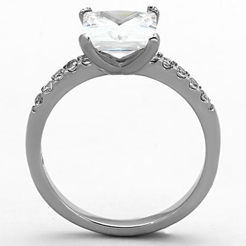 High polished stainless steel ring featuring a clear AAA grade cubic zirconia center stone, showcasing a sleek and elegant design.