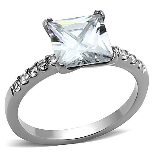 High polished stainless steel ring featuring a clear AAA grade cubic zirconia center stone, showcasing a sleek and elegant design.