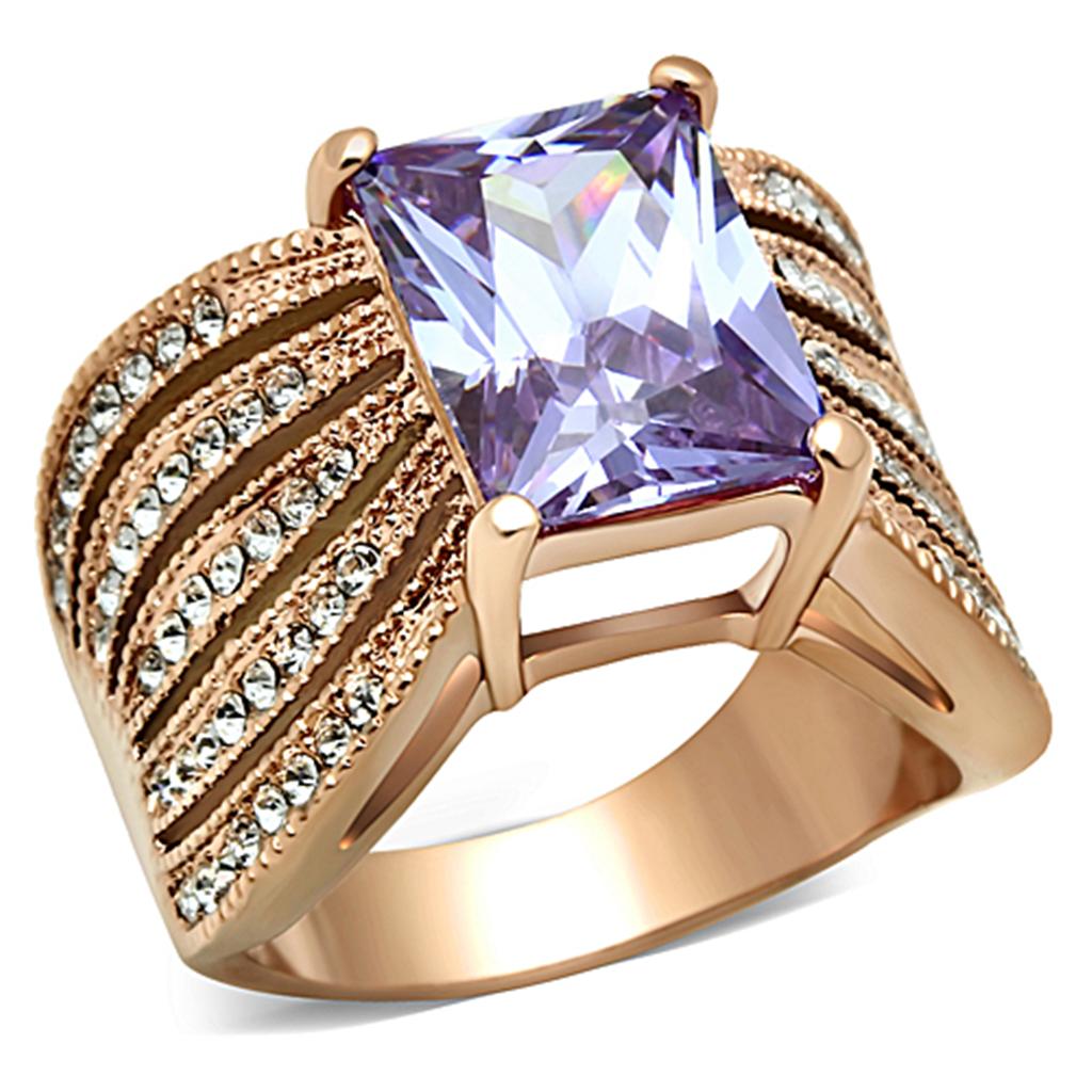 TK1490 IP Rose Gold Stainless Steel Ring featuring AAA Grade CZ stone in light amethyst color, showcasing its elegant design.