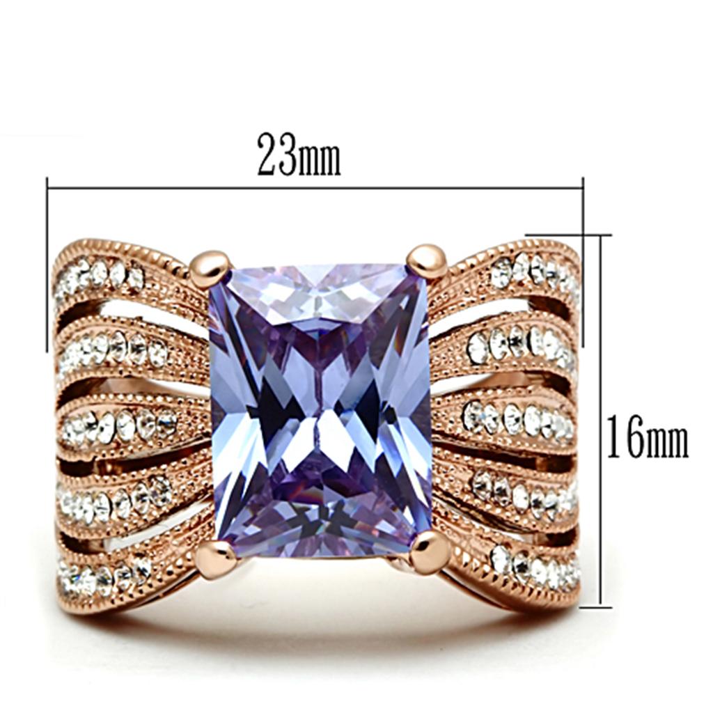 TK1490 IP Rose Gold Stainless Steel Ring featuring AAA Grade CZ stone in light amethyst color, showcasing its elegant design.