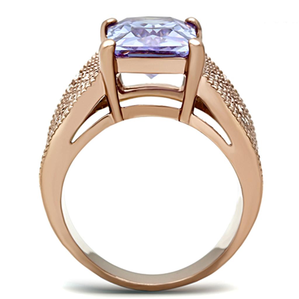 TK1490 IP Rose Gold Stainless Steel Ring featuring AAA Grade CZ stone in light amethyst color, showcasing its elegant design.