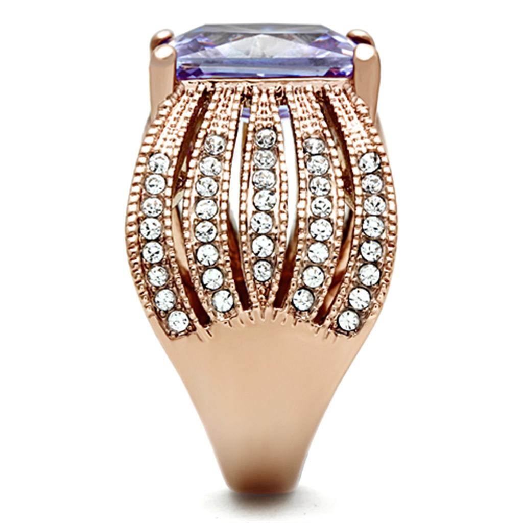 TK1490 IP Rose Gold Stainless Steel Ring featuring AAA Grade CZ stone in light amethyst color, showcasing its elegant design.