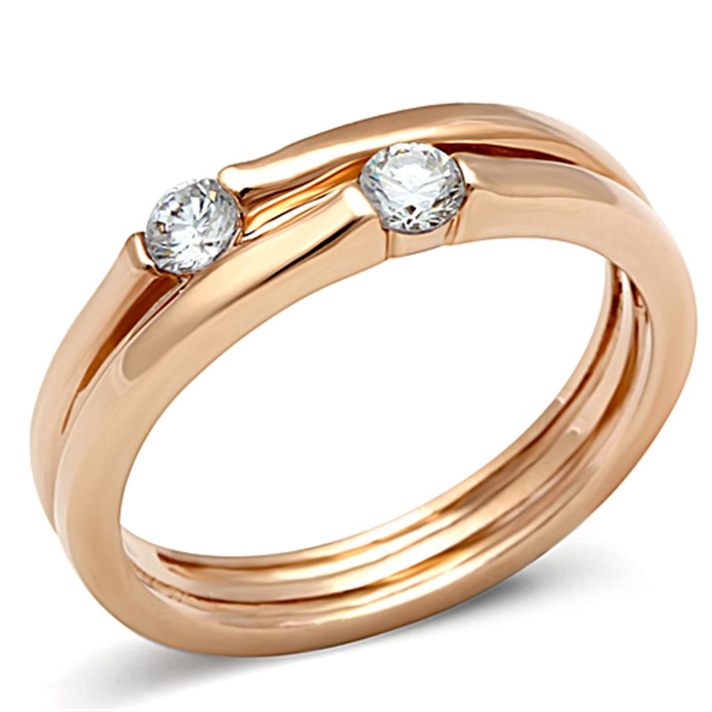 TK1491 IP Rose Gold Stainless Steel Ring featuring AAA Grade clear CZ stone, showcasing elegance and durability.