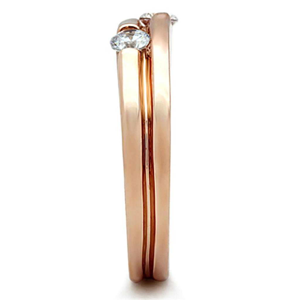 TK1491 IP Rose Gold Stainless Steel Ring featuring AAA Grade clear CZ stone, showcasing elegance and durability.