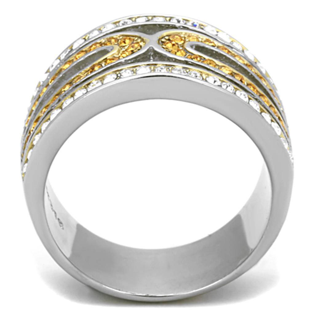 TK1555 Two-Tone IP Gold Stainless Steel Ring featuring a vibrant Topaz crystal centerpiece, showcasing elegance and durability.