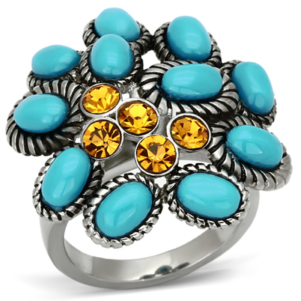 TK1150 High Polished Stainless Steel Ring featuring a synthetic turquoise stone, showcasing a sleek and modern design.