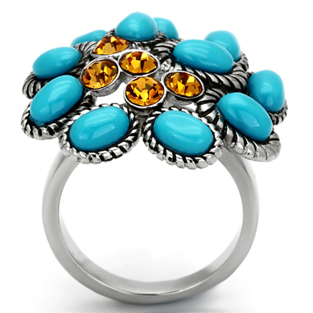 TK1150 High Polished Stainless Steel Ring featuring a synthetic turquoise stone, showcasing a sleek and modern design.