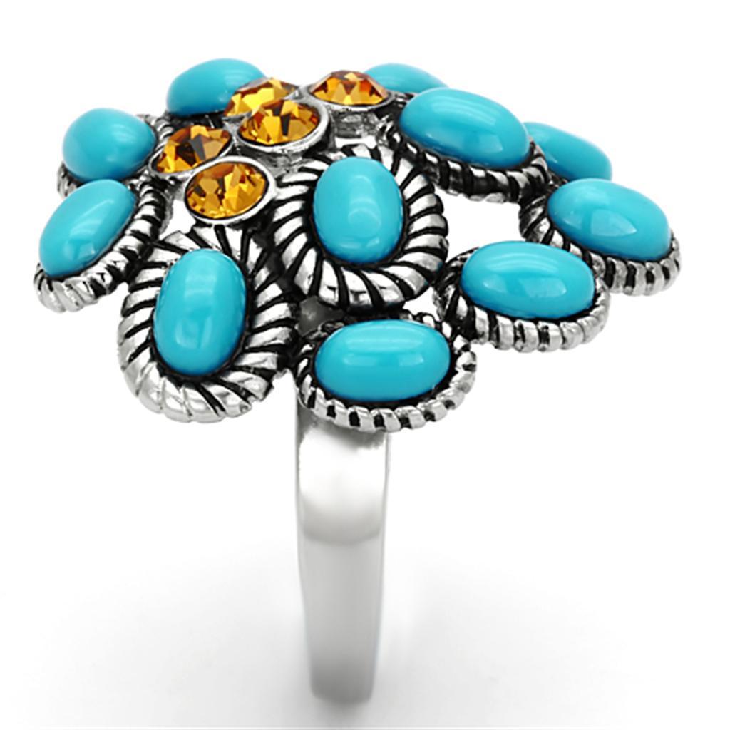 TK1150 High Polished Stainless Steel Ring featuring a synthetic turquoise stone, showcasing a sleek and modern design.