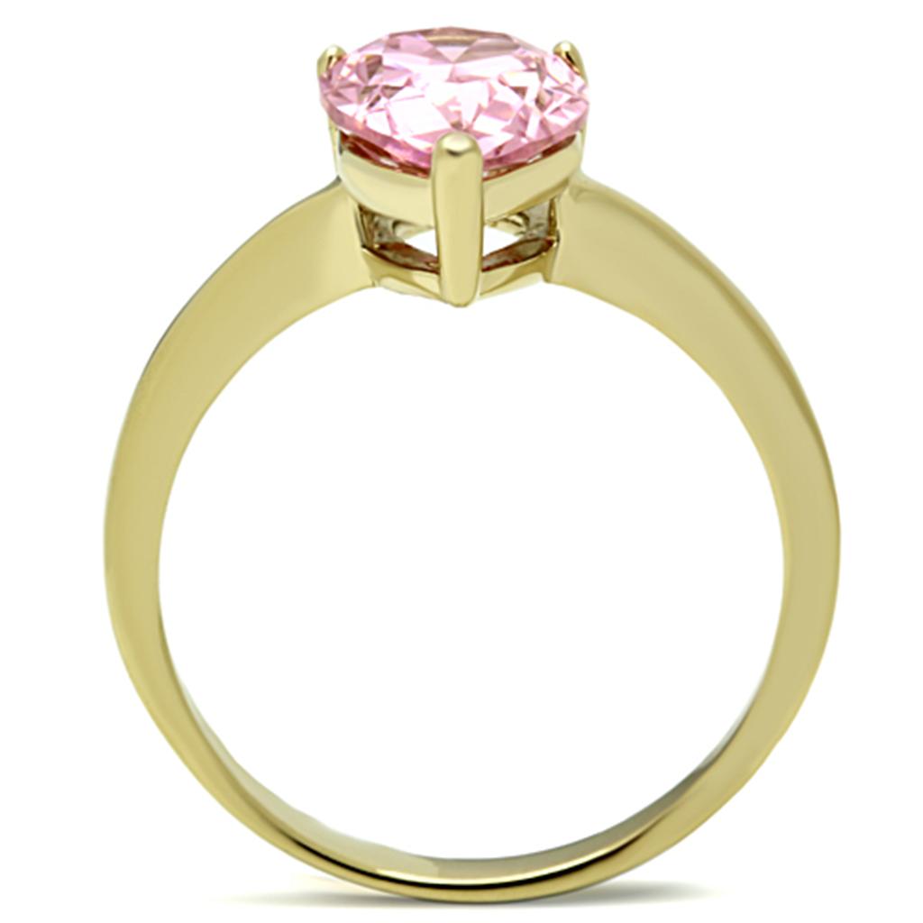 TK1508 IP Gold Stainless Steel Ring featuring a rose-colored AAA Grade CZ stone, showcasing its elegant design and luxurious finish.