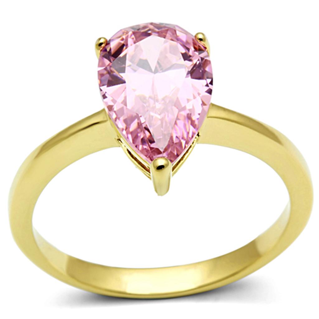 TK1508 IP Gold Stainless Steel Ring featuring a rose-colored AAA Grade CZ stone, showcasing its elegant design and luxurious finish.