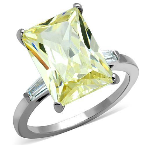 TK1514 High Polished Stainless Steel Ring featuring a vibrant AAA Grade CZ center stone in Citrine Yellow, showcasing its elegant design.