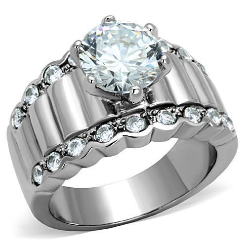 TK1524 High Polished Stainless Steel Ring featuring a clear AAA Grade CZ stone, showcasing its elegant design and shine.