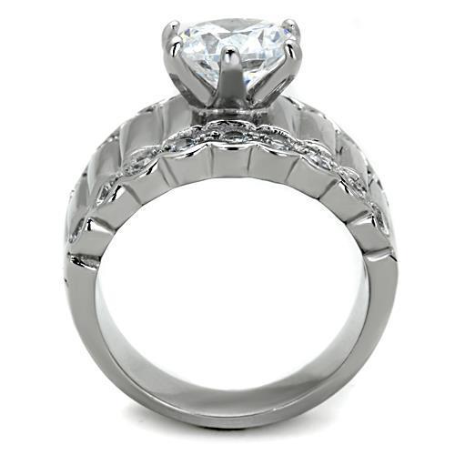 TK1524 High Polished Stainless Steel Ring featuring a clear AAA Grade CZ stone, showcasing its elegant design and shine.